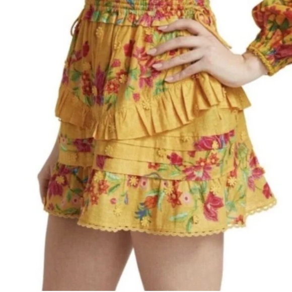 NWT Farm Rio Flower Dream Ruffle Mini Skirt Yellow Size L - Picture 2 of 5